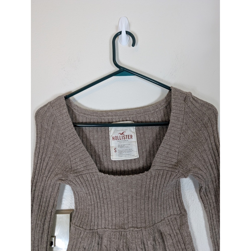 Hollister Women Y2K Small Taupe Brown Square Neck Ribbed Cable Knit Sweater Top - Picture 3 of 8